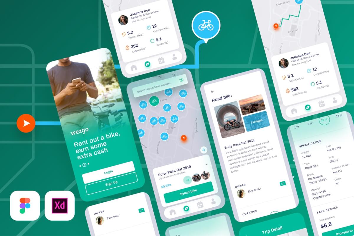 Wezgo-自行车租赁现代便利的自行车租赁APP UI Kit设计模板