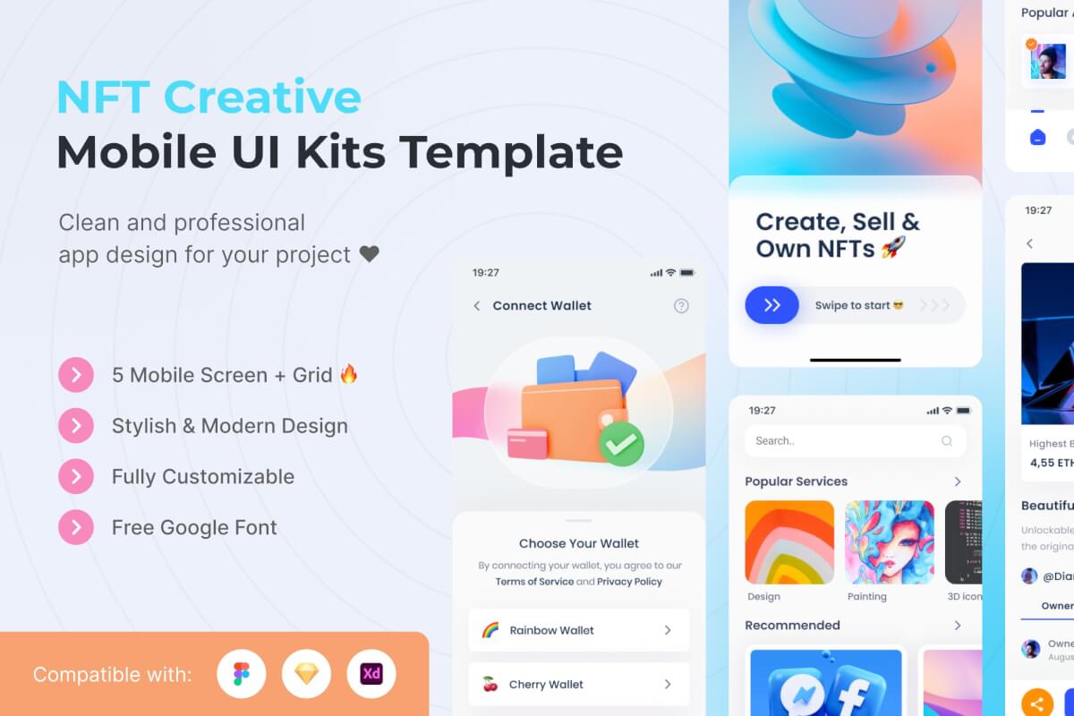 NFT 创意移动应用程序 UI 套件模板